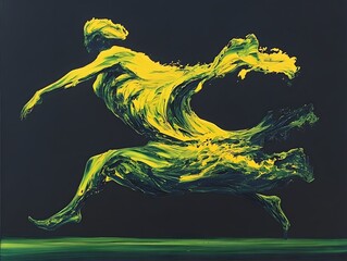Abstract Dynamic Yellow Green Figure in Motion Painting