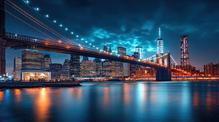 Night view of the Brooklyn Bridge in New York City, illuminated against the twilight sky.
