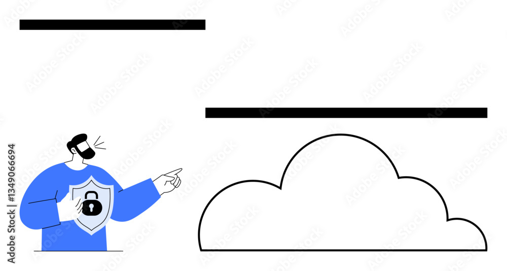 Poster person with shield locking icon points toward a cloud, representing data security, cloud storage, pr