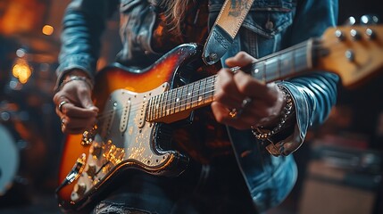 Fototapeta premium Musician playing electric guitar on stage