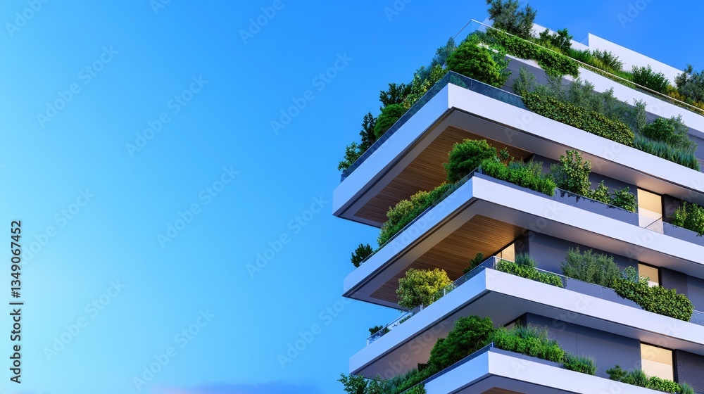 Poster a modern building featuring multiple floors adorned with lush greenery, blending architecture with n
