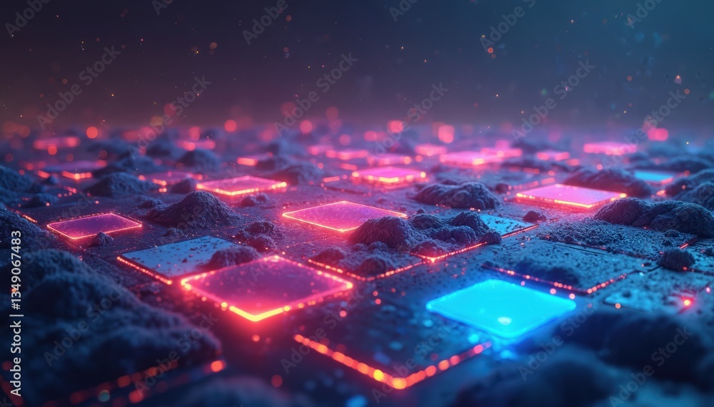 Poster abstract digital landscape with glowing neon squares. futuristic technology background with array of
