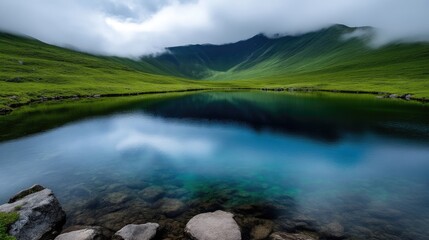 Fototapeta premium Serene alpine lake reflecting misty mountains. Crystal-clear water mirrors the verdant slopes and cloudy sky above. Rocky shoreline surrounds the tranquil pool