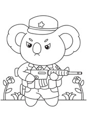 Coloring book cute koala as soldier illustration for kid creative education
