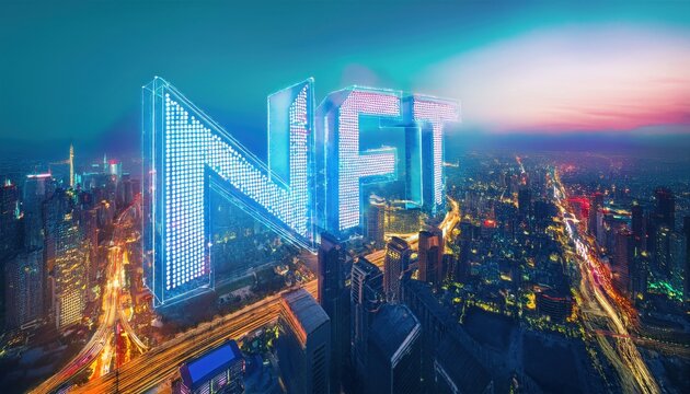 Illuminated skyline showcases vibrant cryptocurrency symbols representing the future of finance, nft hologram 