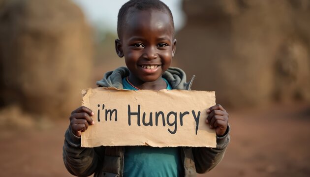 African boy holds sign says Im Hungry. Concept addressing world hunger crisis. Child smiles, conveys message about food insecurity. Call attention to poverty, inspire help and donations.