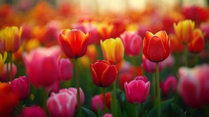 Obraz premium Breathtaking tulip field in the Netherlands with colorful flowers blooming in perfect alignment highlighting the beauty and economic value of horticulture