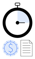 Stopwatch tracking time with dollar coin and document symbolizing time management, cost-saving, work productivity. Ideal for finance, efficiency, planning, deadlines, organization, prioritization