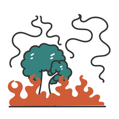 hand drawn doodle tree burned with fire illustration