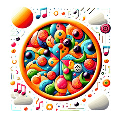 Vibrant abstract circular design with colorful shapes, musical notes, and playful elements on a white background + concept