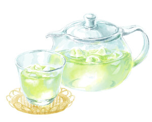 ガラスの器に入った涼やかな緑茶(冷茶)の水彩イラスト