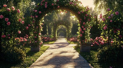 A beautiful English rose garden with arches and arbors