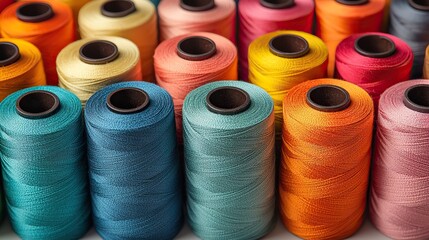 Colorful thread spools arranged on a white surface create a vibrant sewing scene.