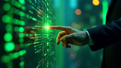 Man Touching Futuristic Screen With Green Data