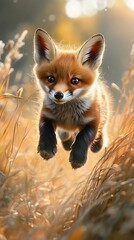 Obraz premium Leaping Little Fox in Golden Hour