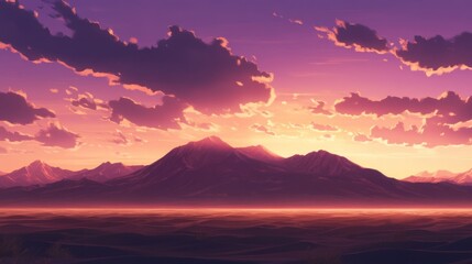A serene landscape at sunset, featuring mountains and colorful clouds.