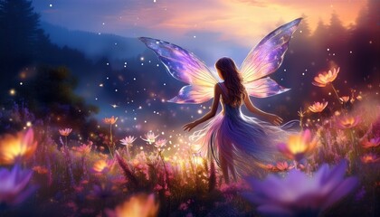 Naklejka premium Magical fairy with shimmering wings flying through a field of glowing flowers at twilight, enchanting fantasy scene, dreamy illustration