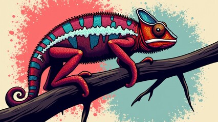 Cartoon Chameleon On Branch With Bold Colors