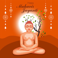 Mahavir Jayanti Celebration Image – Jain Festival Illustration of Lord Mahavir Sitting in Peaceful Meditation with a Divine Glow, Nature Backdrop, and Spiritual Decor for Festive Use