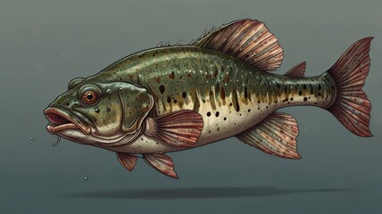 Detailed illustration of a fish, displaying its form and features.  The fish is in profile view, showing its body, fins, and mouth.