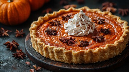 Autumn Pumpkin Pie on Dark Wooden Board