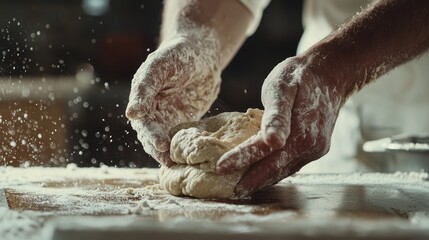 Artisan Baker Kneading Dough: A Close-Up of Floury Hands Shaping Bread Dough