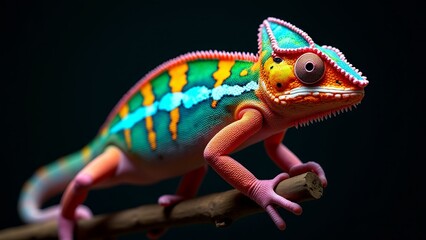 Obraz premium Colorful Chameleon Perched On Branch Close-up