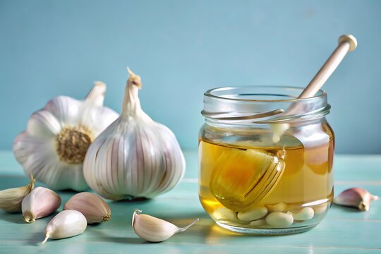 A glass jar of honey with a wooden dipper, surrounded by garlic cloves on a turquoise table. The image suggests a natural remedy or health-boosting concoction.