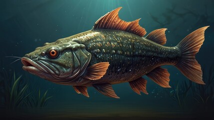 Fototapeta premium Underwater fish illustration, detailed and vibrant. A large, robust fish swims through a dark underwater scene, showcasing realistic textures and colors. The fish has a strong body and fins
