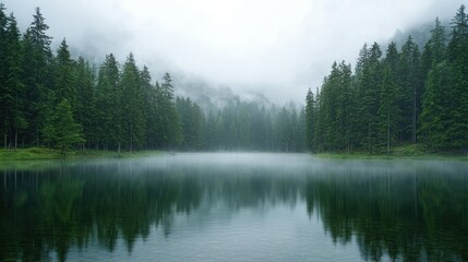 Obraz premium Misty mountain lake reflecting forest