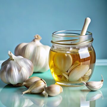 A glass jar of honey with a wooden dipper, surrounded by garlic cloves on a turquoise table. The image suggests a natural remedy or health-boosting concoction.
