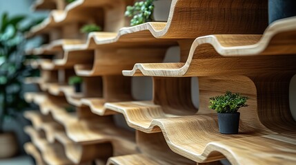 Custom furniture specialist installs shelves on wooden rack for home office, using quality wood materials.