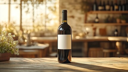 Dark glass wine bottle with blank white label stands on beige under natural light, perfect for branding and label designs.