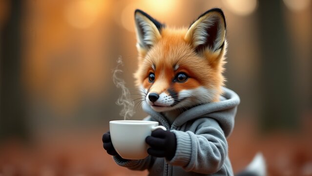 Cute Fox Holding Cup-Of-Coffee