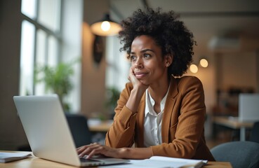 Confused black businesswoman working on laptop in office. Freelancer feeling uncertain doubts, no answer, clueless. Young african american lady, home office, business, unhappy. Difficult question,