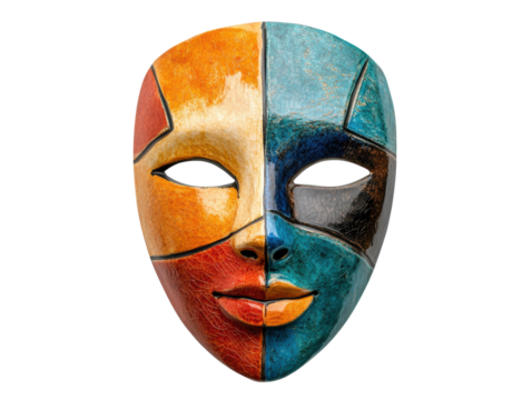 Colorful decorative mask showcasing artistic craftsmanship on a transparent background, cut out