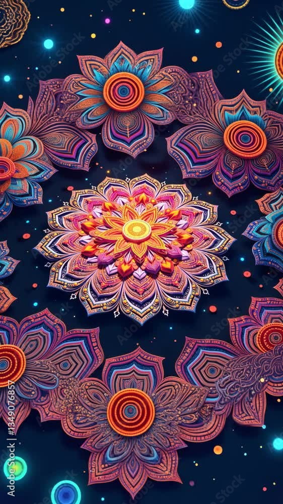 Poster A colorful flower with many petals is shown on a black background. The flower is made up of many small circles, each with a different color