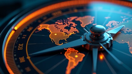 Compass With World Map, Neon Glow