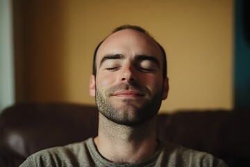 Obraz premium A man finds peace and serenity in quiet contemplation, eyes closed, a soft light illuminating his peaceful expression in warm, golden tones.