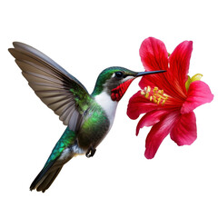 Vibrant Hummingbird Feeding on Bright Red Flower Petals with Detailed Features