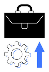 Black briefcase symbolizes work, a gear represents process optimization, and a blue upward arrow conveys growth. Ideal for career, success, strategy, efficiency, progress, innovation flat simple