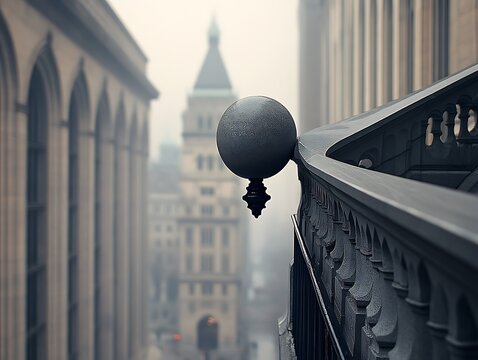 Cityscape View with Foggy Day, and Ornate Railing.