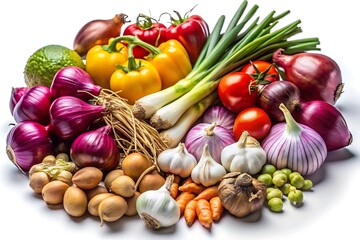 A collection of fresh produce including tomatoes, onions, garlic, peppers, carrots, and a lemon, all arranged on a white surface.