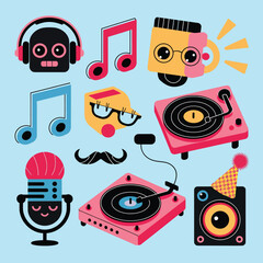 2d vector illustration icon cool entertainment cartoon character  music tools (Drum , Music Note , Headphones ,Microphone , Piano , Guitar ,Record) 
