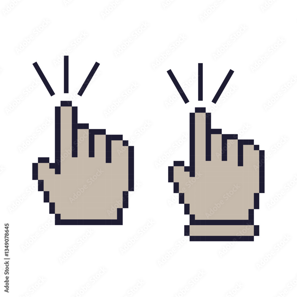 Poster pixelated hand cursor icons, clicking pointer, retro digital, web navigation, 8-bit style,pixelated 