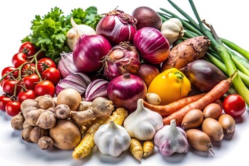 A collection of fresh produce including tomatoes, onions, garlic, peppers, carrots, and a lemon, all arranged on a white surface.