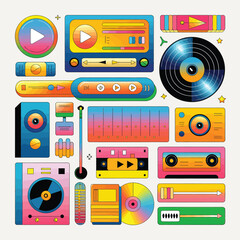 Obraz premium 2d vector illustration icon cool entertainment cartoon character music tools (Drum , Music Note , Headphones ,Microphone , Piano , Guitar ,Record) 