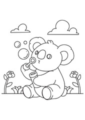 Coloring book koala play bubble in nature flower illustration