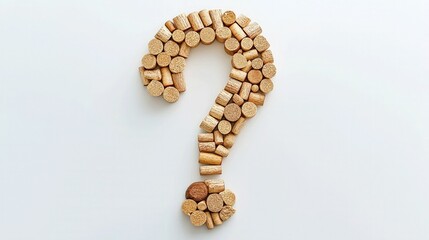 A creative and artistic figure of a question mark carefully arranged using natural wine corks, isolated on a clean white backdrop.