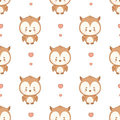 Seamless Pattern. Cute Adorable Owl with Heart
